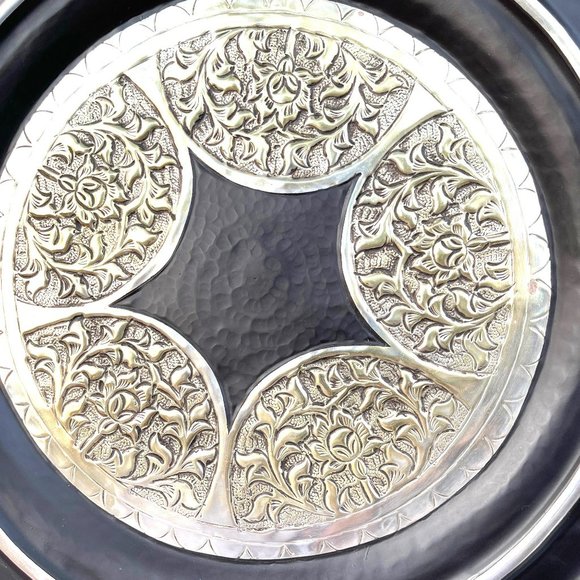 Metal Wall Decor Plate Centerpiece Tray Embossed Stamped Floral Design Hanger 16 - Picture 3 of 6